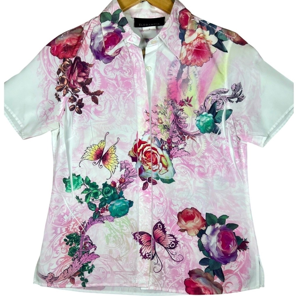 Elegancia Womens Pink Floral Butterfly Damask Button Down Shirt Short Sleeve M